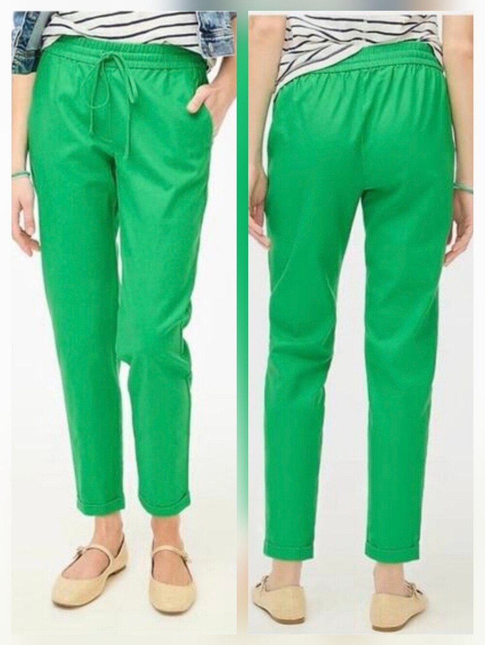 J. Crew Factory Bright Kelly Green Pull-On Drawstring Linen Cotton Ankle Pants